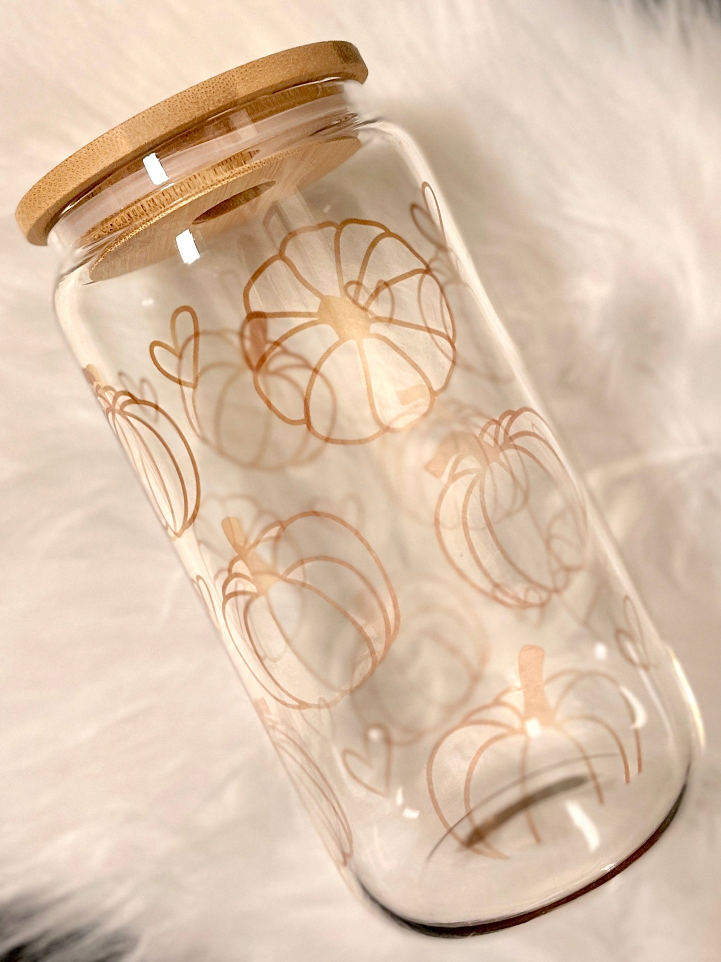 “Pumpkin Love” Glass Can Cold Drink Cup w/Bamboo Lid & Straw