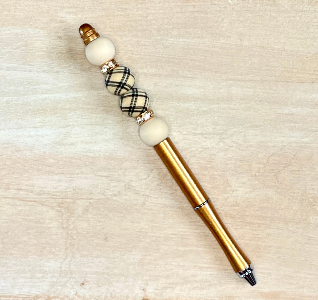 Golden Plaid Sparkle Beaded Pen