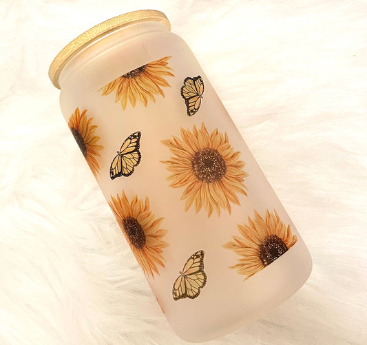 “Monarchs & Sunflowers” Frosted Glass Can Cold Drink Cup w/Bamboo Lid & Straw