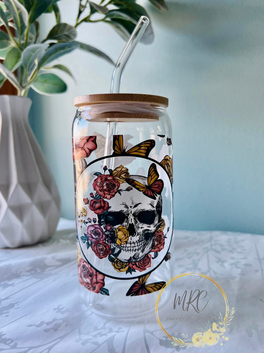 Floral Skull Glass Can Cold Drink Cup w/Bamboo Lid & Straw