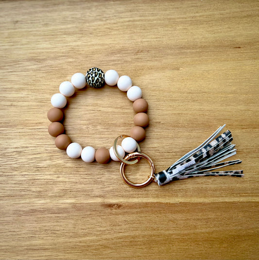 White Leopard Keychain Bracelet w/ Large Tassel