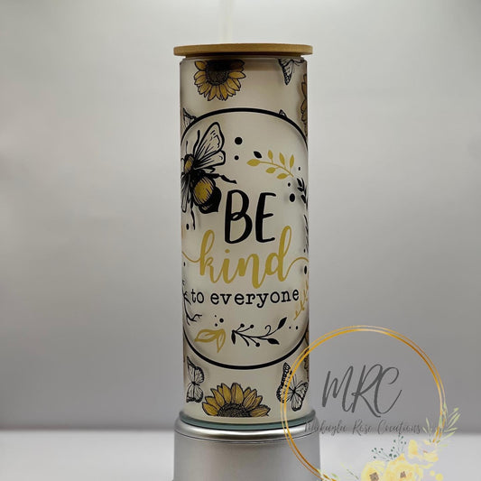 “Bee Kind” Frosted Glass Tumbler w/Bamboo Lid & Straw