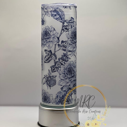 “Blue Floral” Frosted Glass Tumbler w/Bamboo Lid & Straw