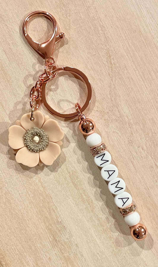 MAMA Beaded Rose Gold Keychain Bar w/Dusty Rose Flower Charm