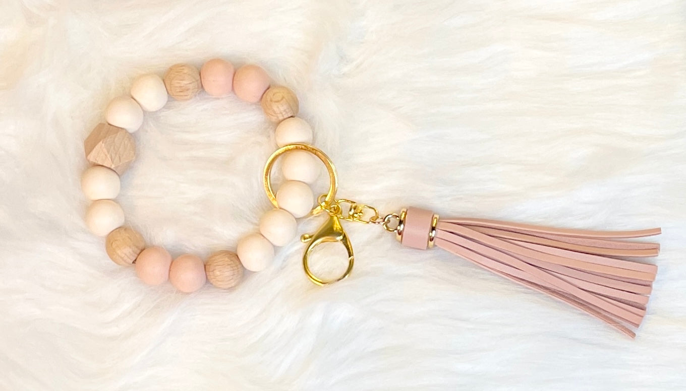 Natural Ivory Dusty Rose Keychain Bracelet w/Large Tassel