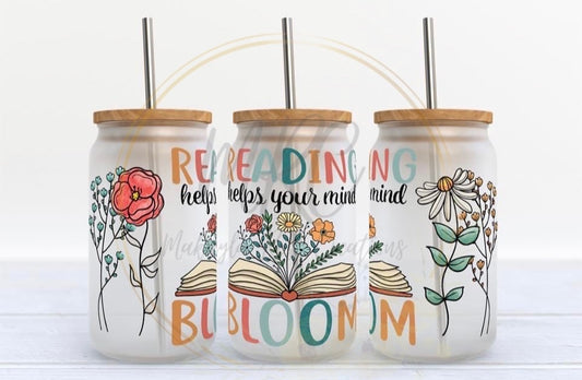 “READING helps your mind BLOOM” Glass Can Cold Drink Cup w/Bamboo Lid & Straw
