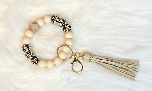 Natural Ivory Leopard Keychain Bracelet w/Large Tassel