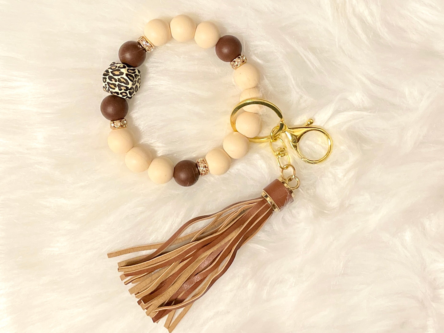 Mocha Leopard Keychain Bracelet w/ Large Tassel