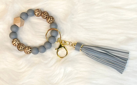 Smokey Gray Soft Leopard Keychain Bracelet w/Large Tassel