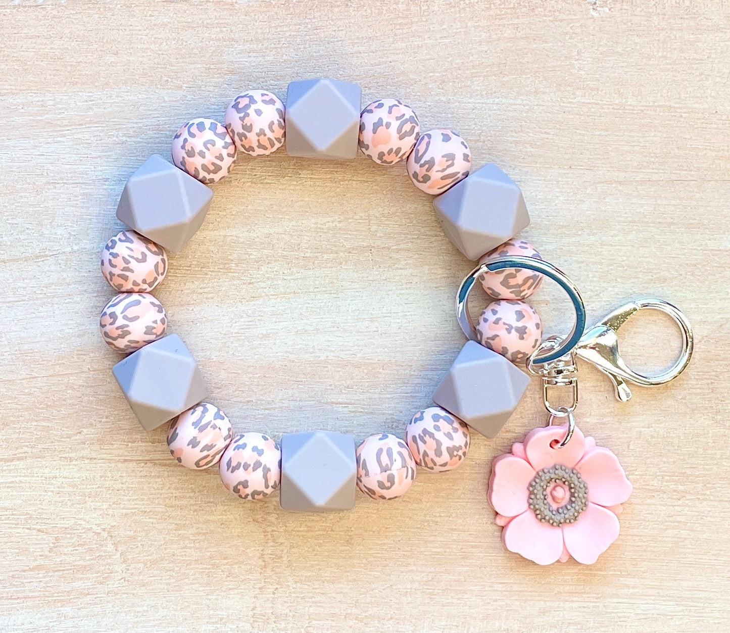 Pink Leopard- Chunky Keychain Bracelet w/ Flower Charm